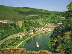 Blick auf eine Neckarschleife mit Burg und bewaldeten Hängen
